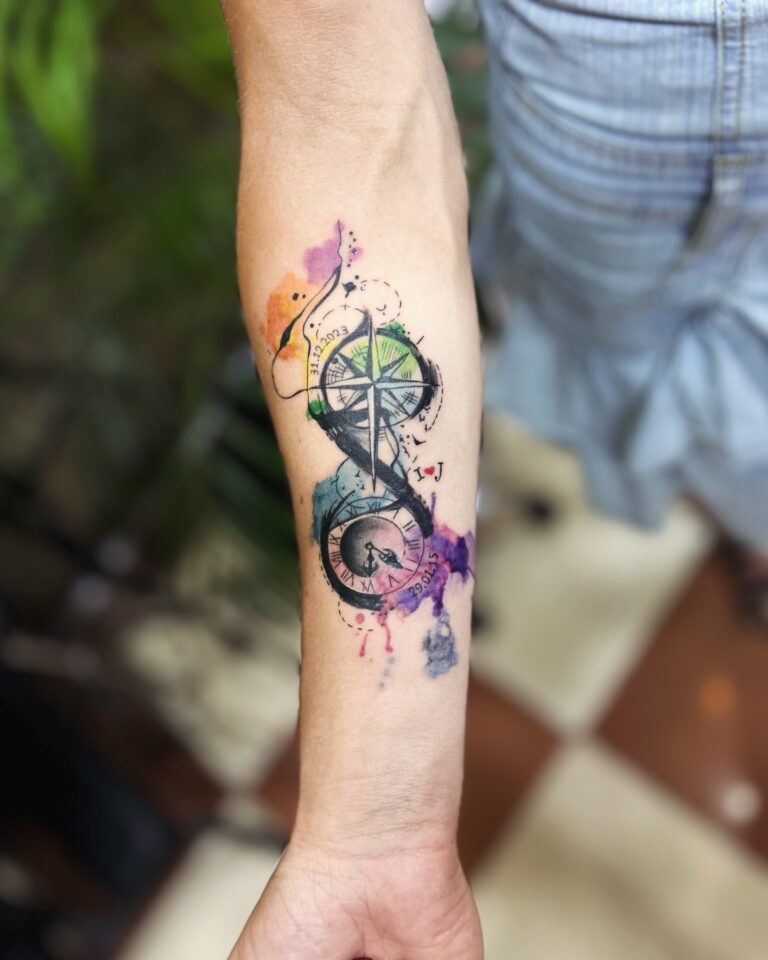 Watercolor compass and infinity tattoo on forearm – color tattoo Hurghada