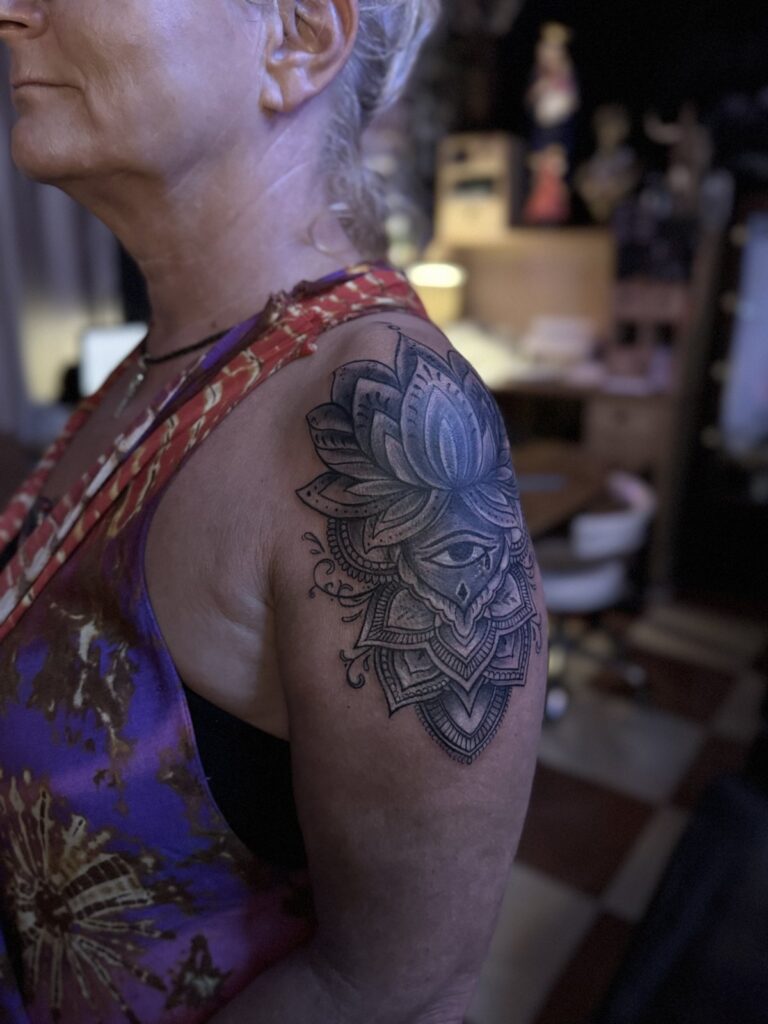 Ornamental mandala shoulder tattoo – cover-up and rework style, Hurghada
