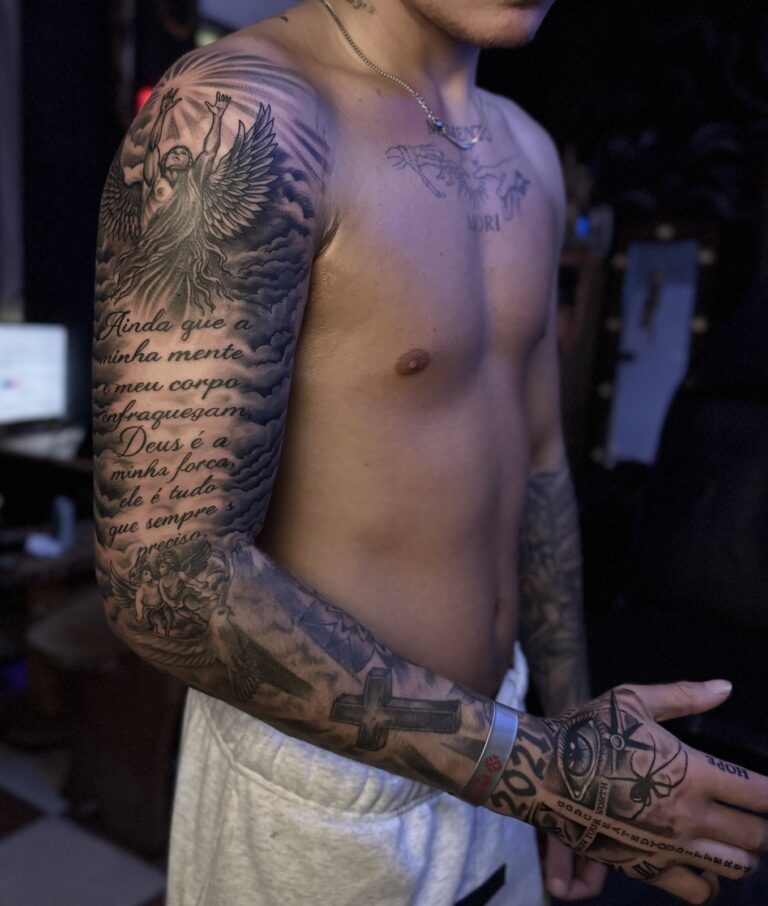 Full arm and hand sleeve with lettering, angels and roses – black and grey