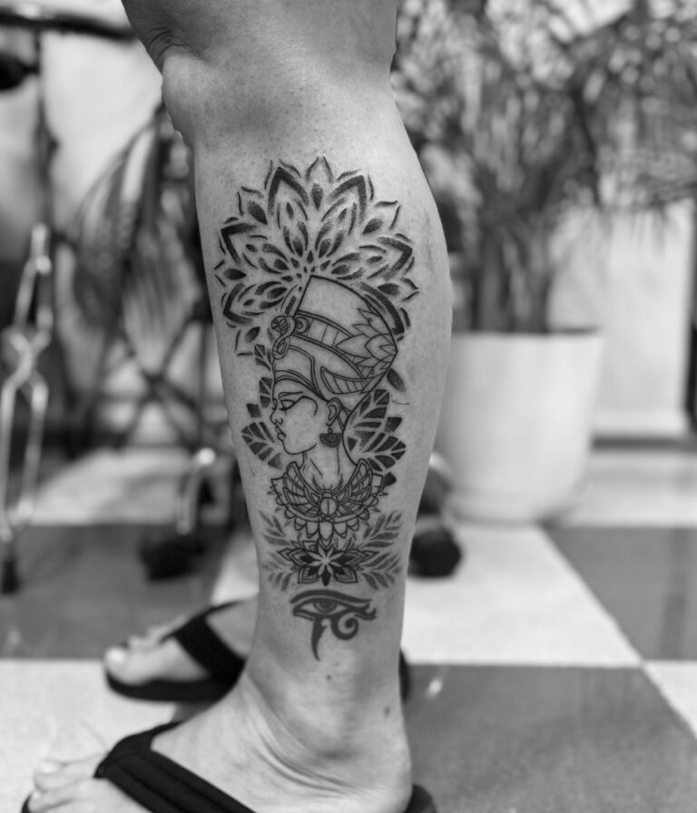 Mandala and lotus calf tattoo – black and grey ornamental tattoo Hurghada