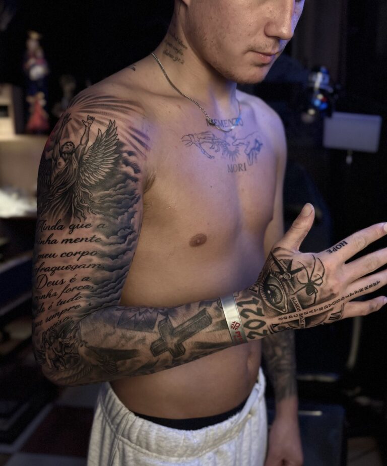 Full arm sleeve with Portuguese script lettering and hand tattoo – DR G Tattoo